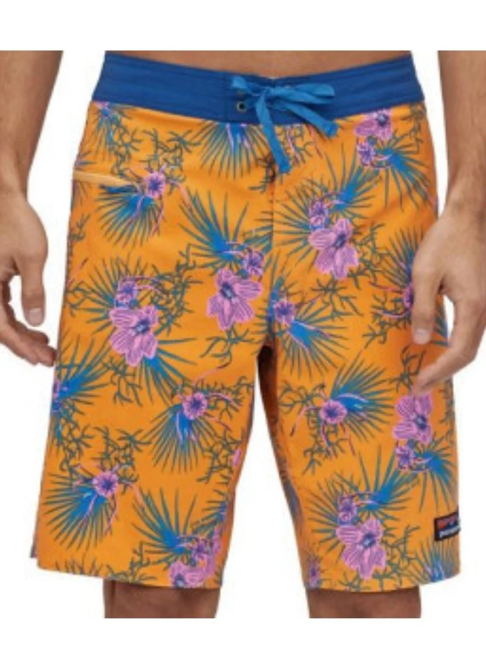 Patagonia Mens Palm Tropical Floral Wavefarer Boardshorts Saffron Orange Size 34